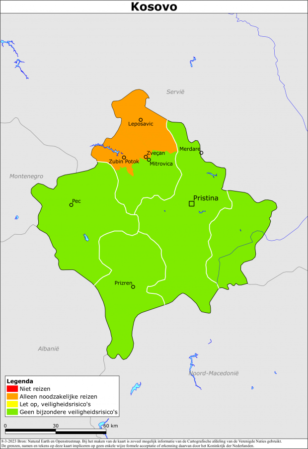 Kaart bij reisadvies Kosovo