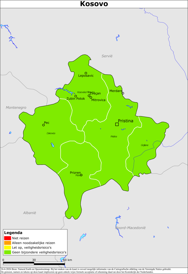 Kaart bij reisadvies Kosovo