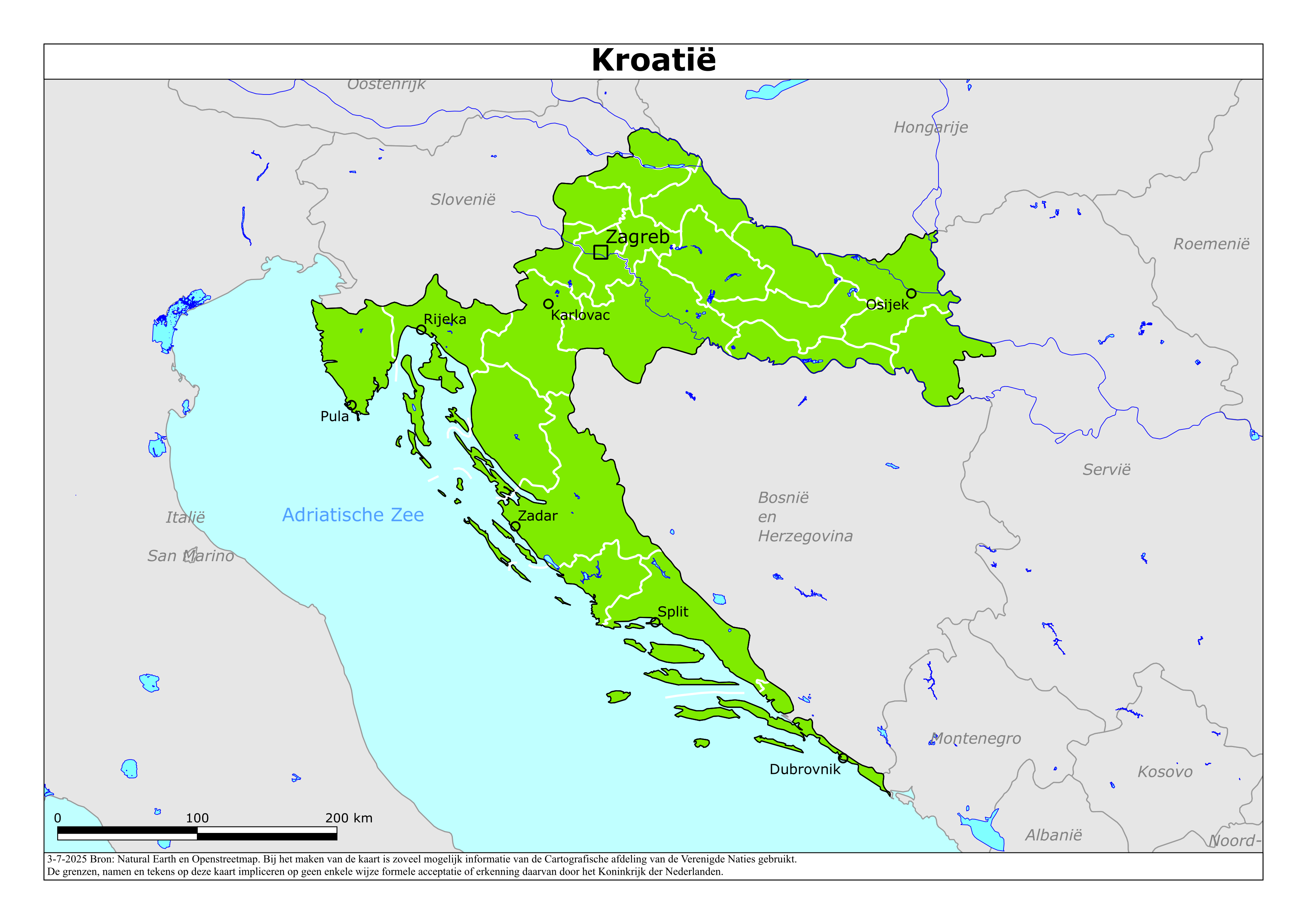 Kaart van het reisadvies voor Kroatië met kleurcodes per gebied