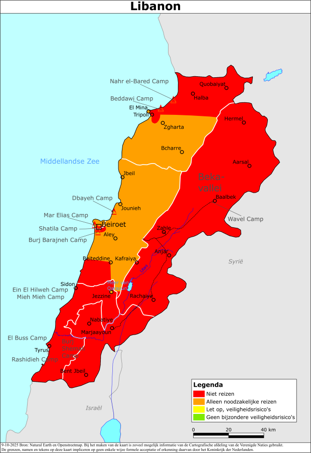 Kaart bij reisadvies Libanon