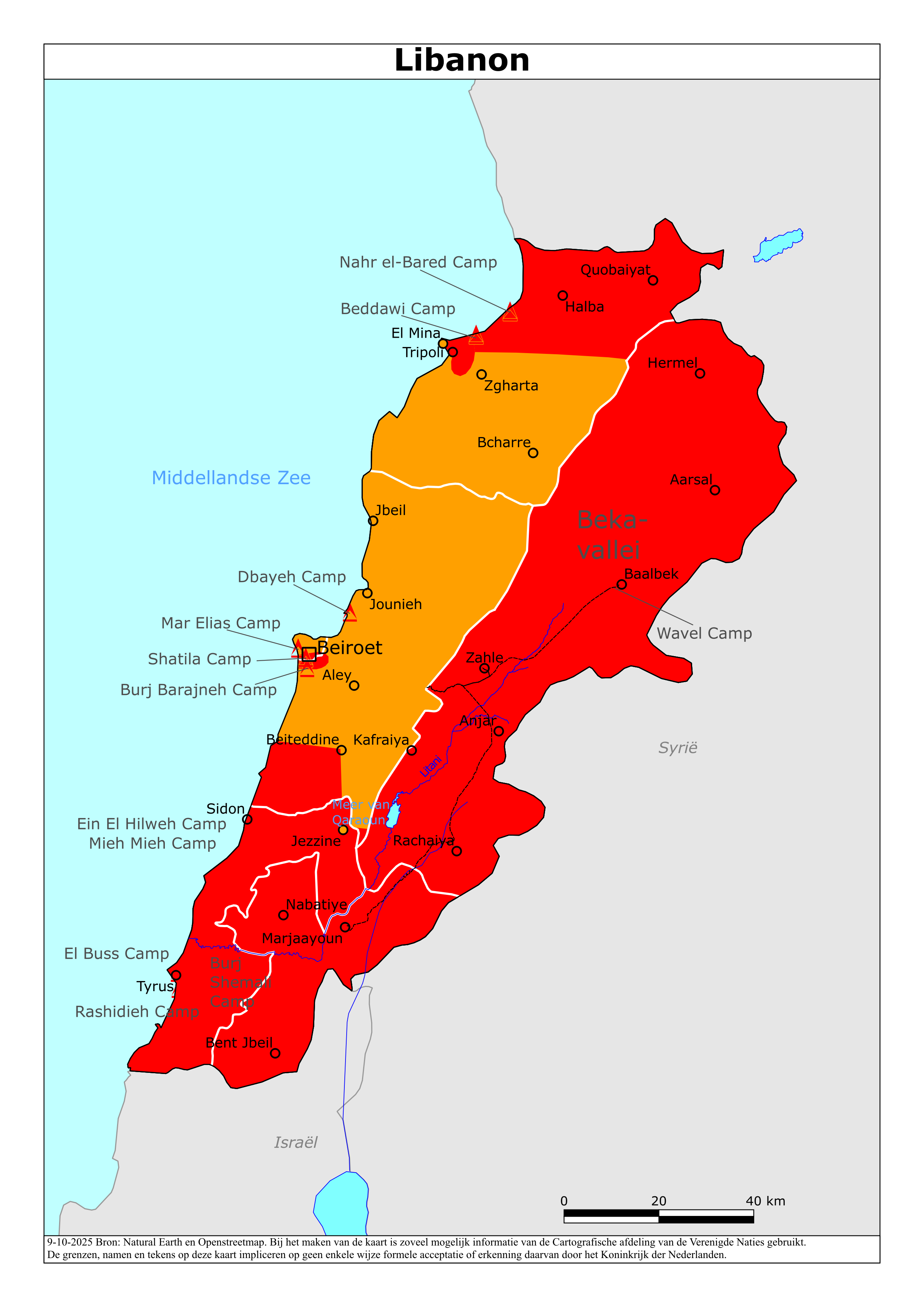Reisadvies kaart van Libanon op 19 jan. 2026