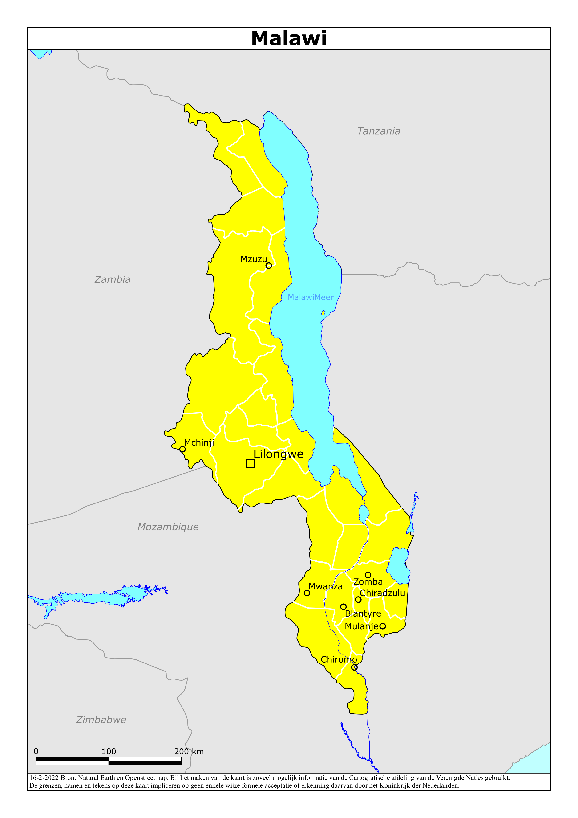 Kaart van het reisadvies voor Malawi met kleurcodes per gebied