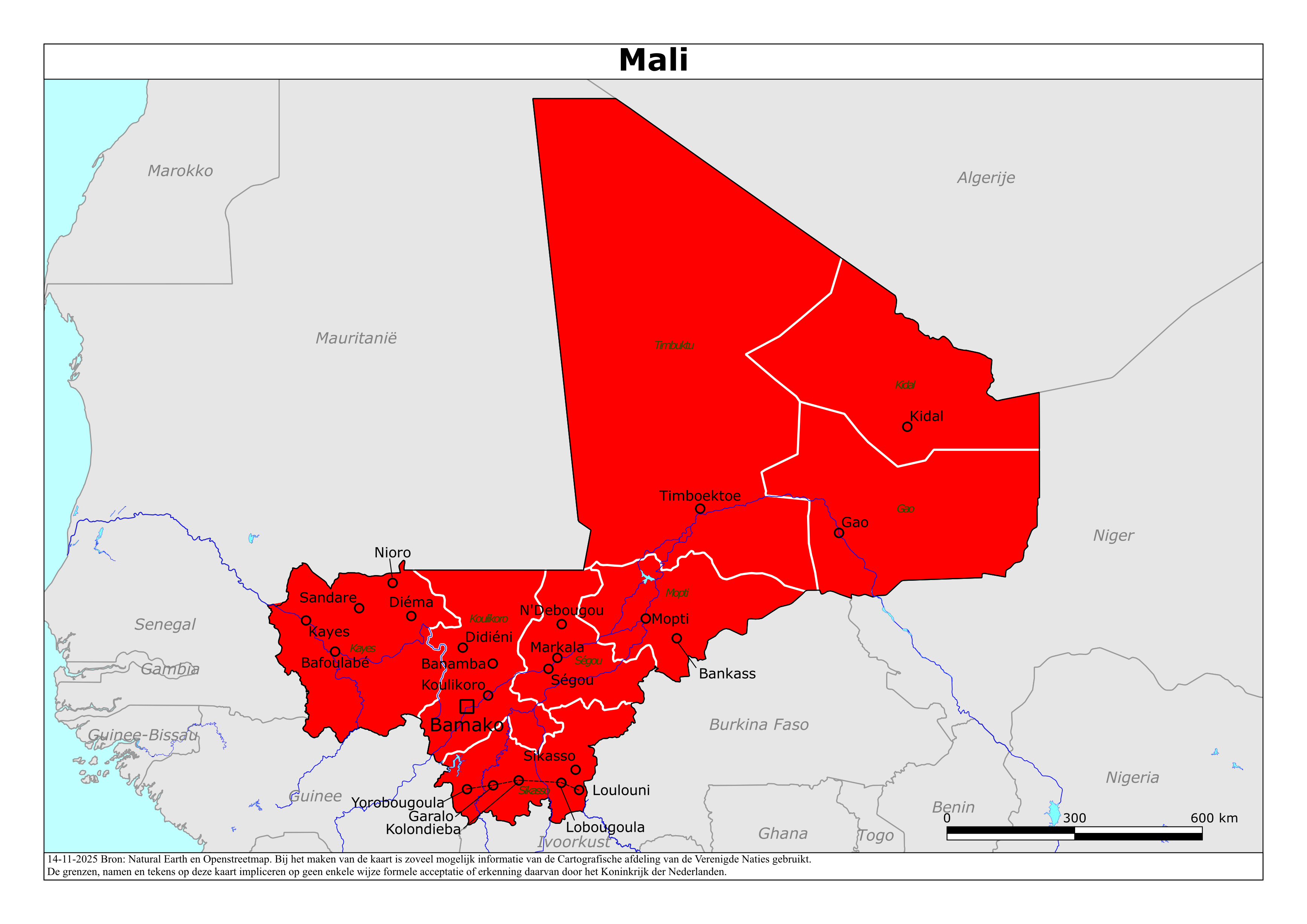 Kaart van het reisadvies voor Mali met kleurcodes per gebied