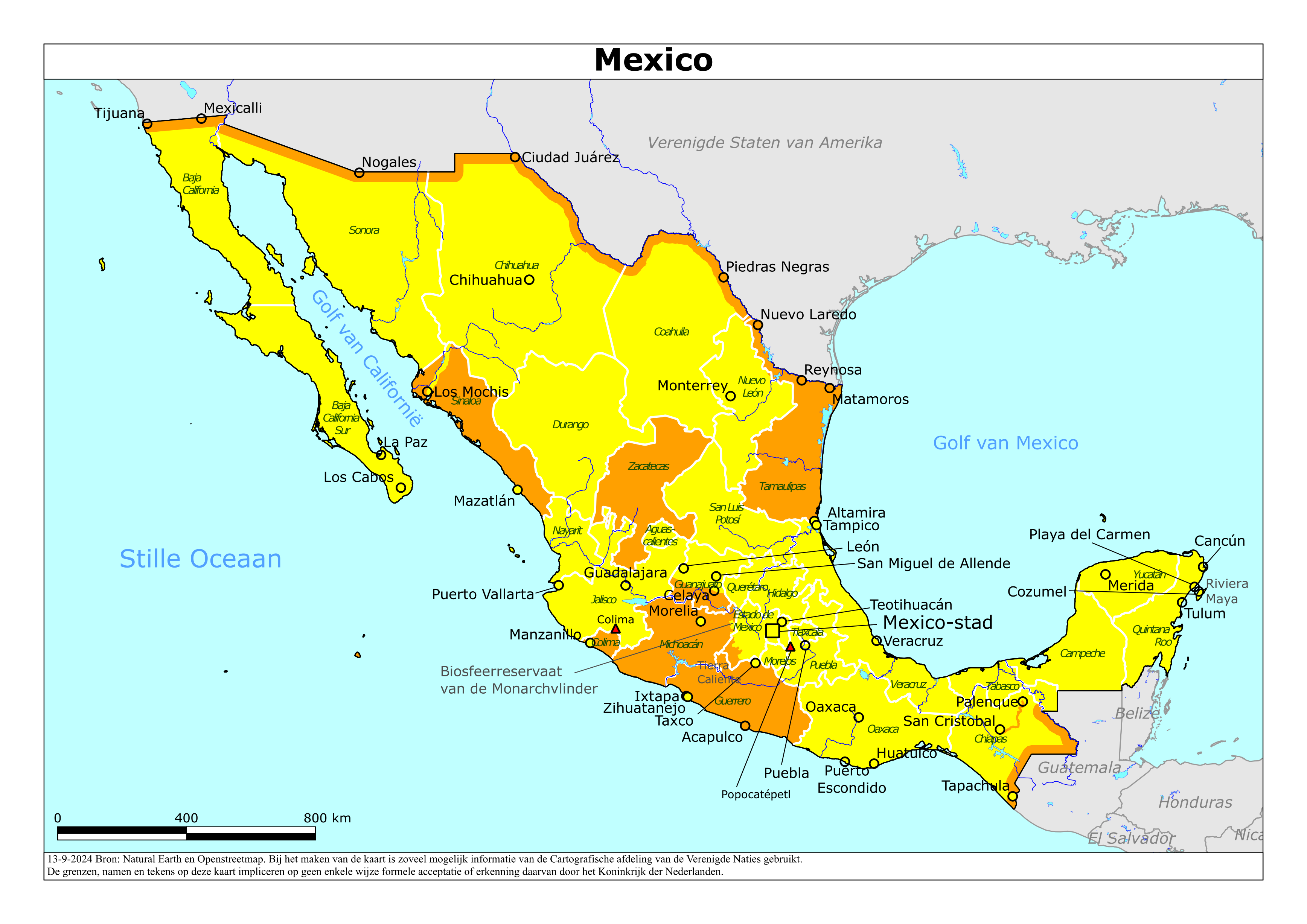 Kaart van het reisadvies voor Mexico met kleurcodes per gebied