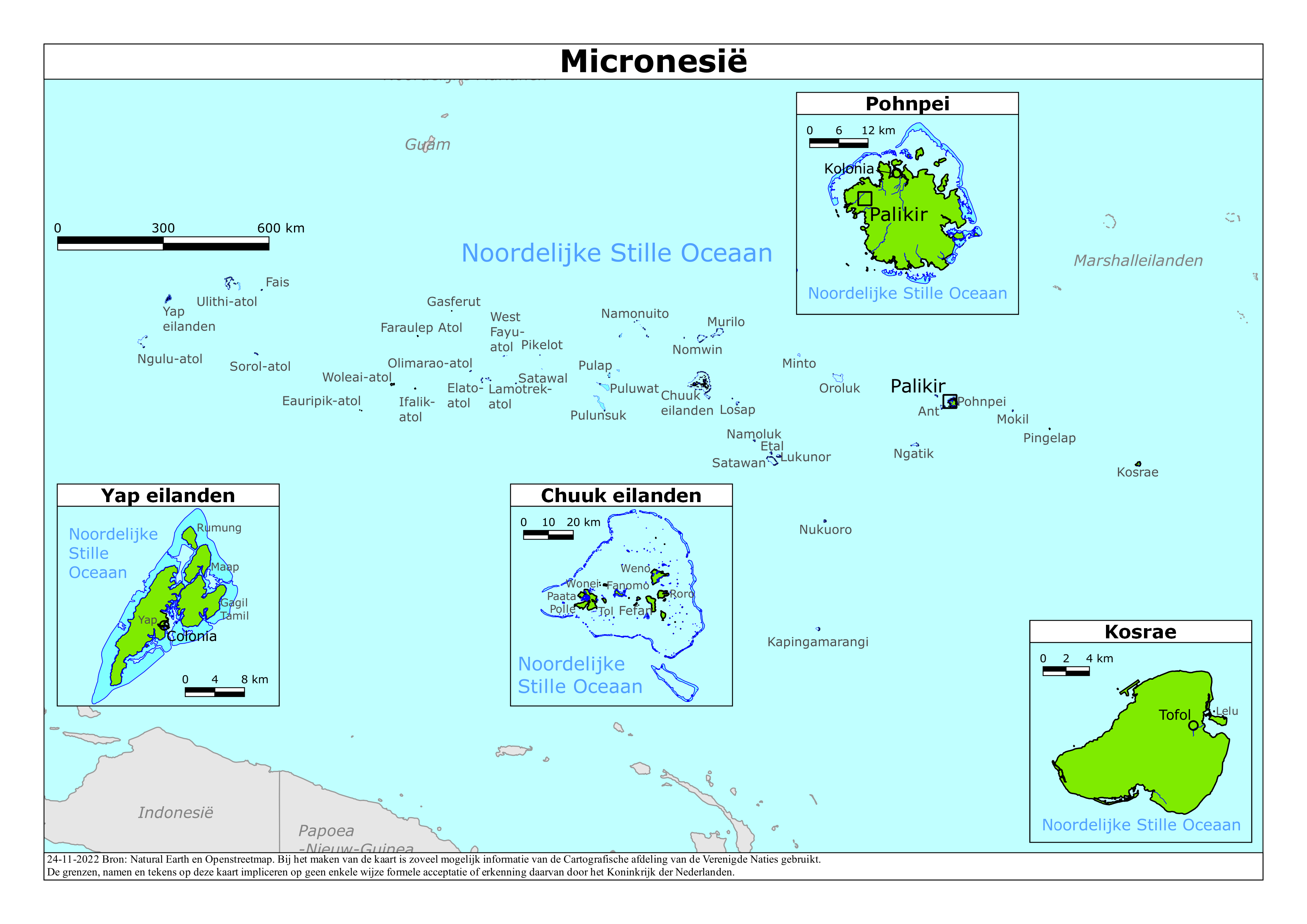 Kaart van het reisadvies voor Micronesië met kleurcodes per gebied