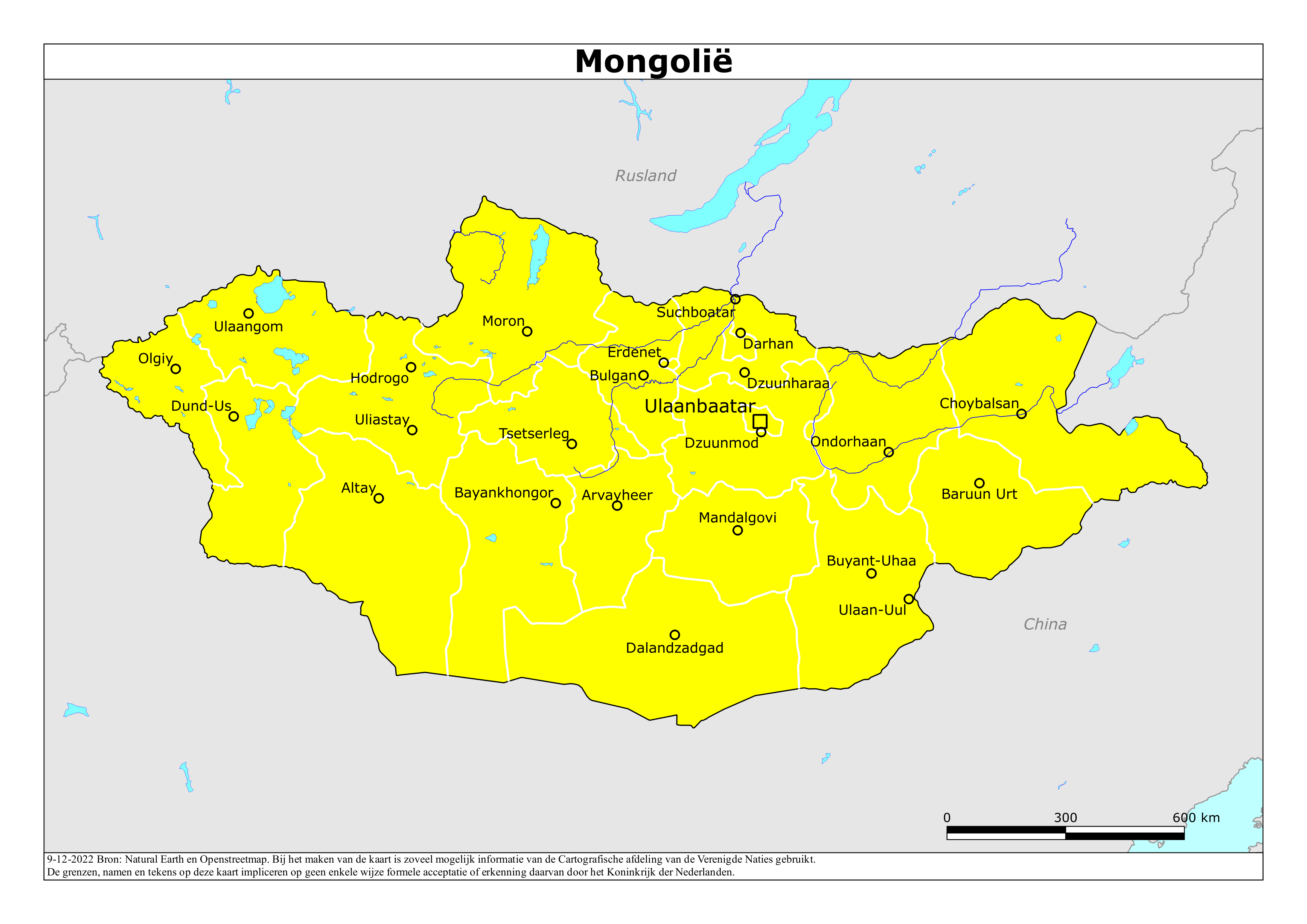 Kaart van het reisadvies voor Mongolië met kleurcodes per gebied