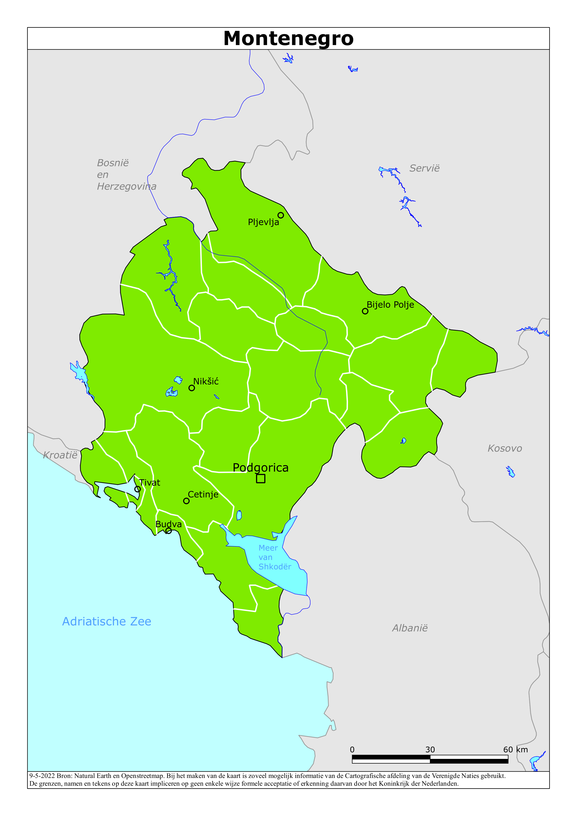 Kaart van het reisadvies voor Montenegro met kleurcodes per gebied
