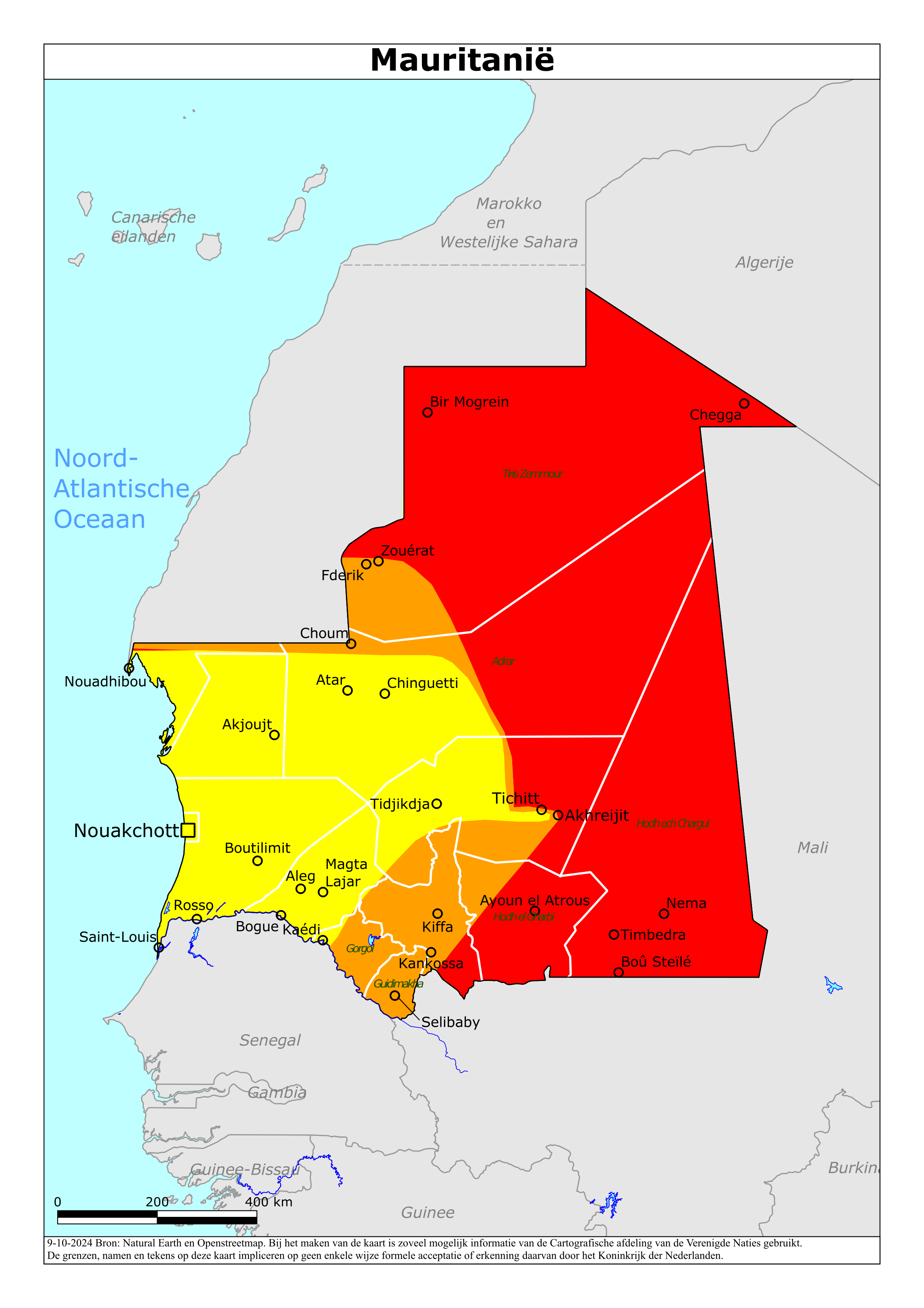 Kaart met risicogebieden van Mauritanië