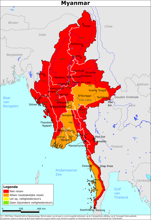 Kaart bij reisadvies Myanmar