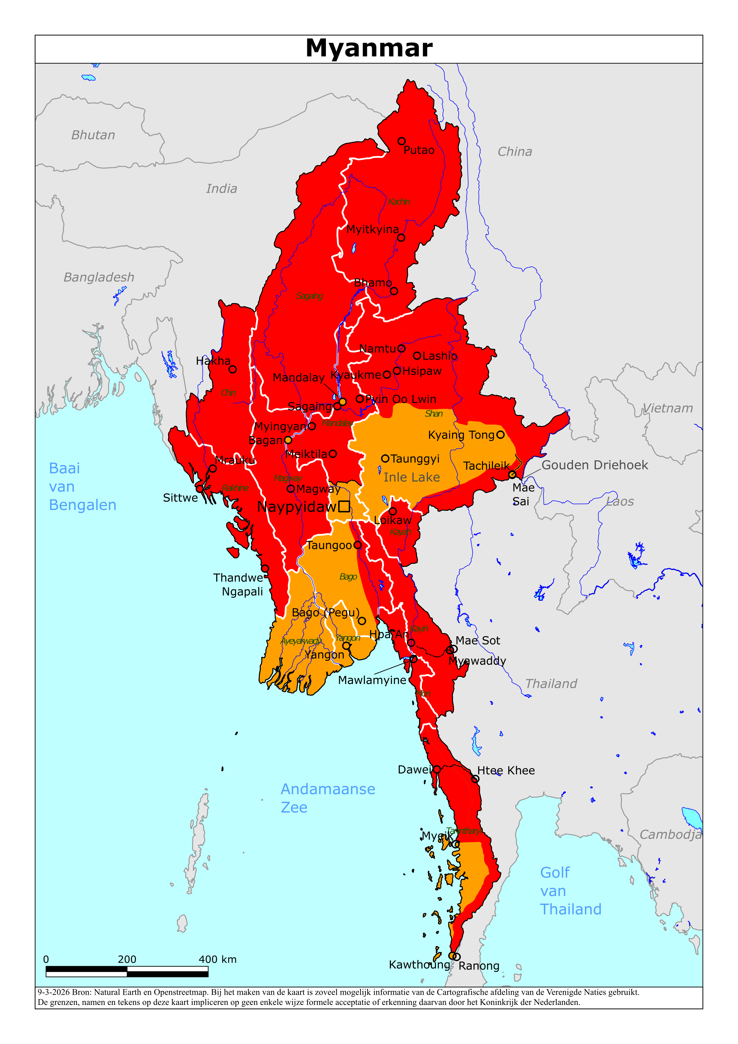 Kaart van het reisadvies voor Myanmar met kleurcodes per gebied