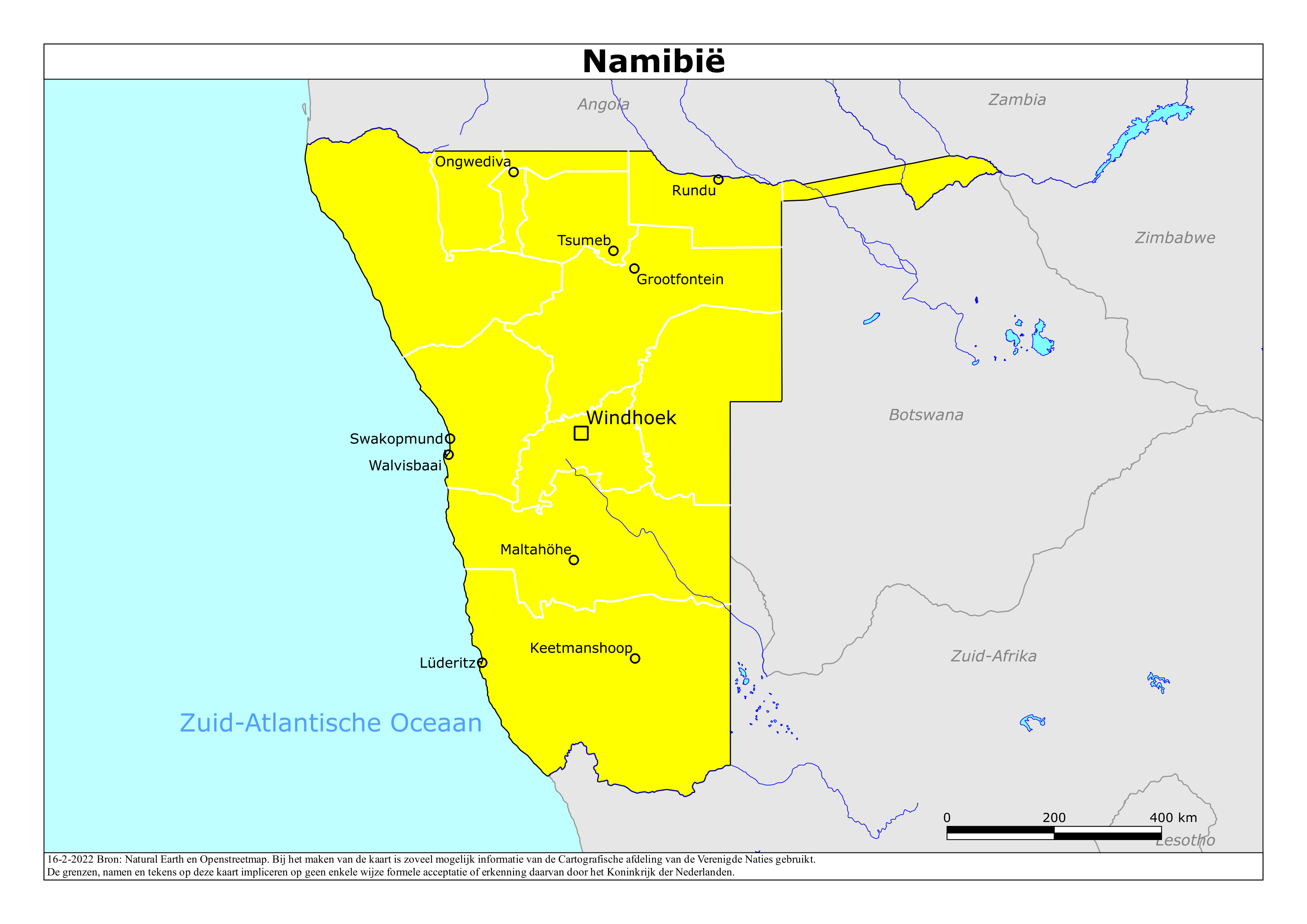 Kaart van het reisadvies voor Namibië met kleurcodes per gebied