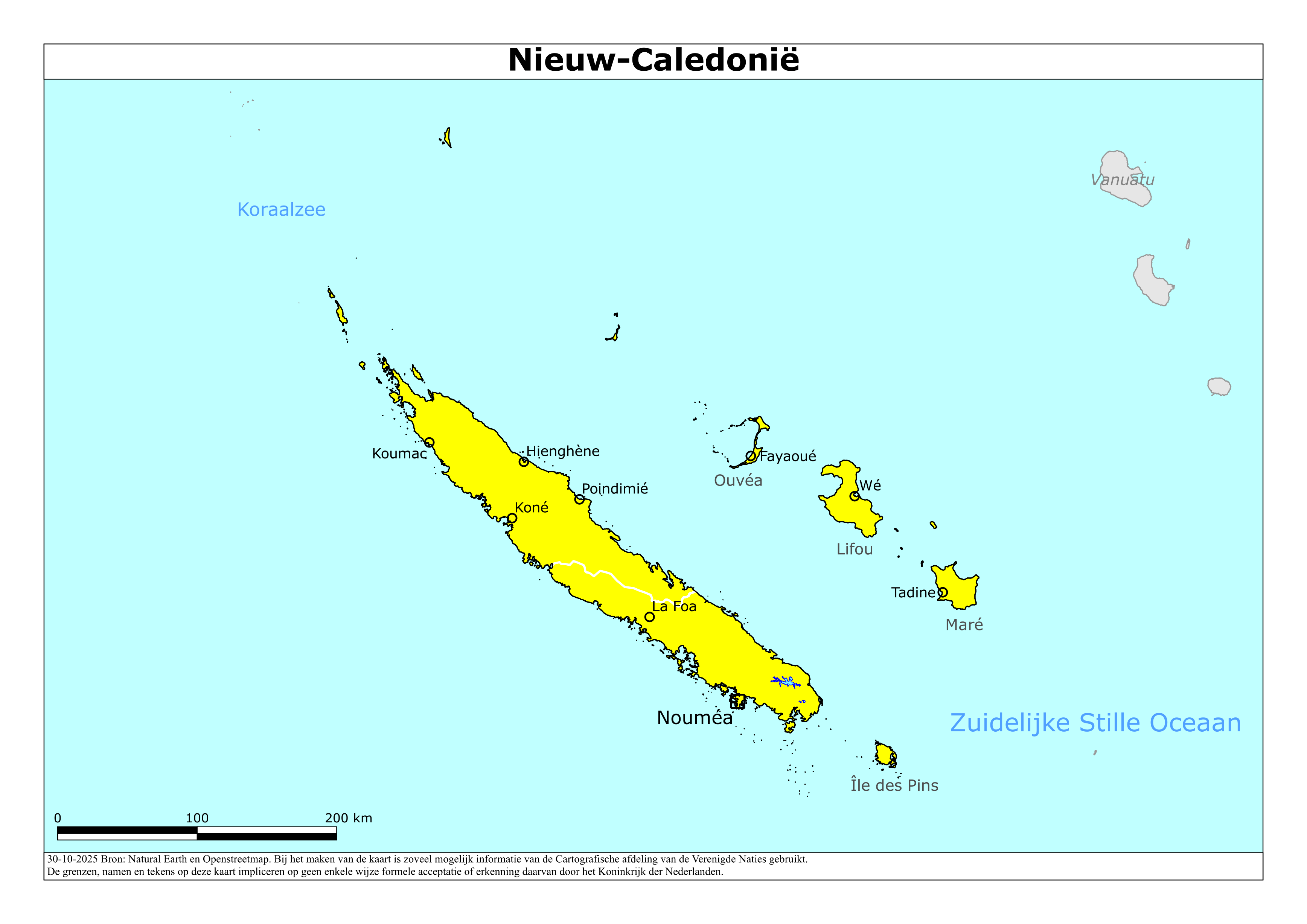 Kaart met risicogebieden van Nieuw-Caledonië