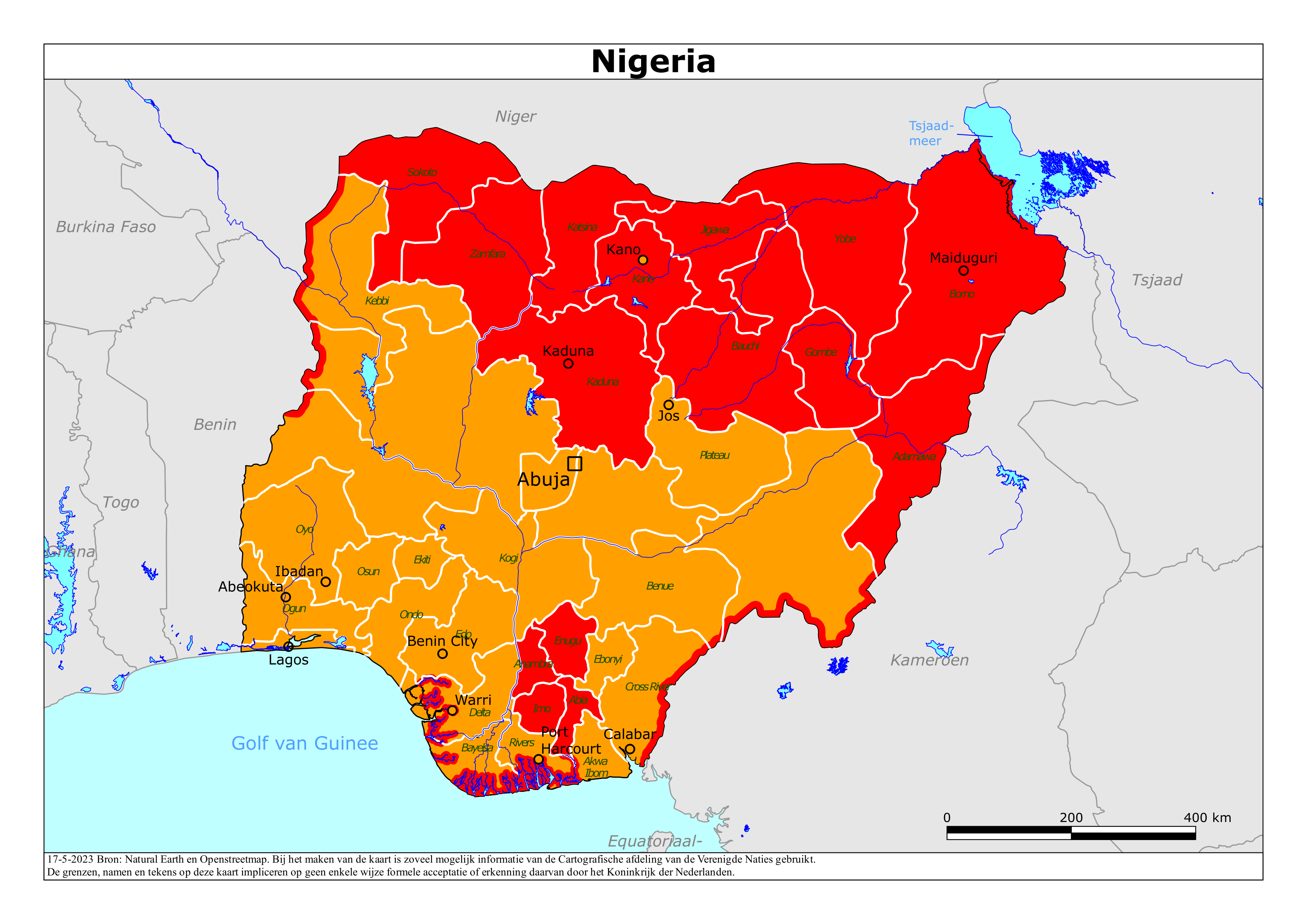 Reisadvies kaart van Nigeria op 27 jan. 2026