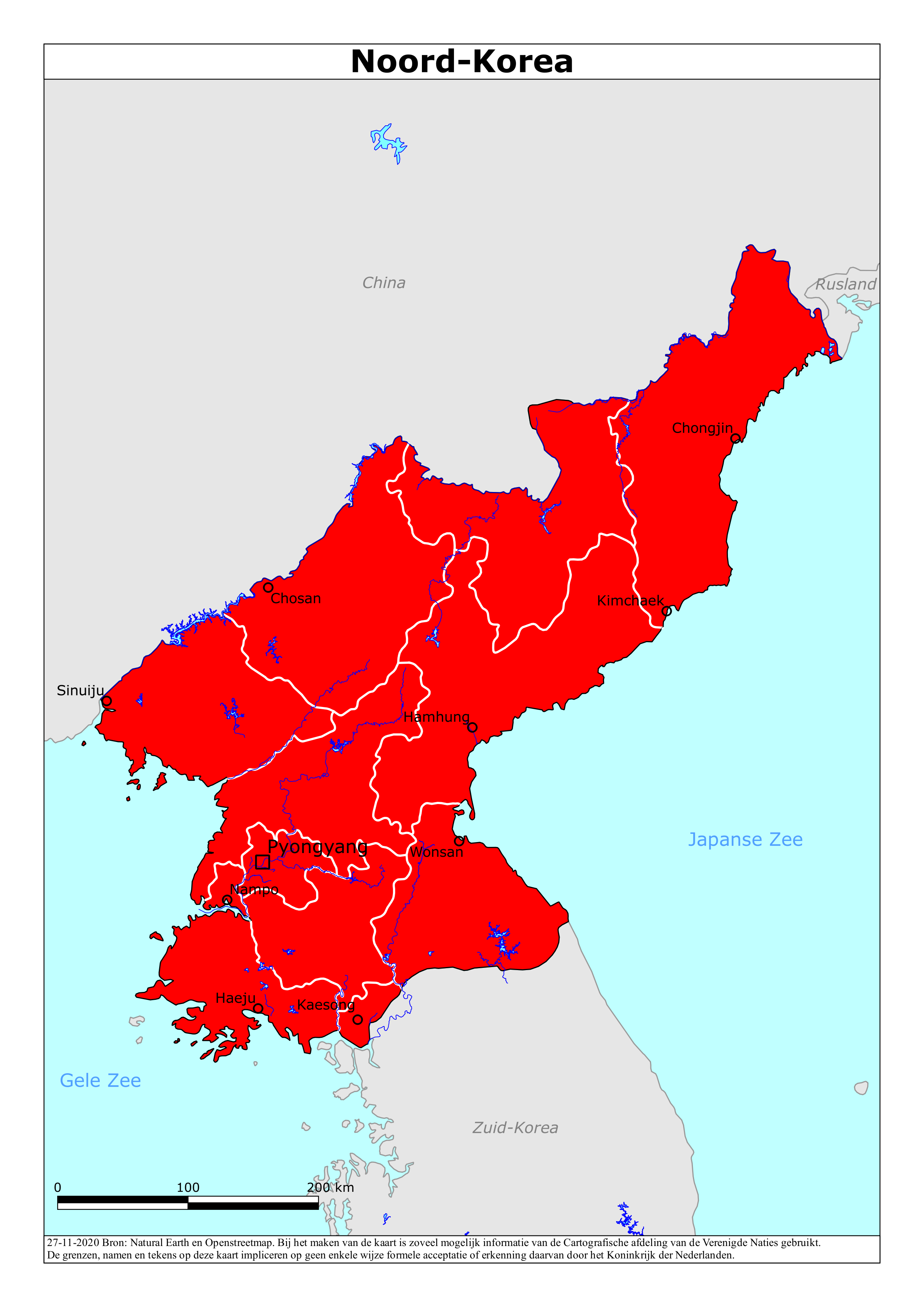 Kaart van het reisadvies voor Noord-Korea met kleurcodes per gebied