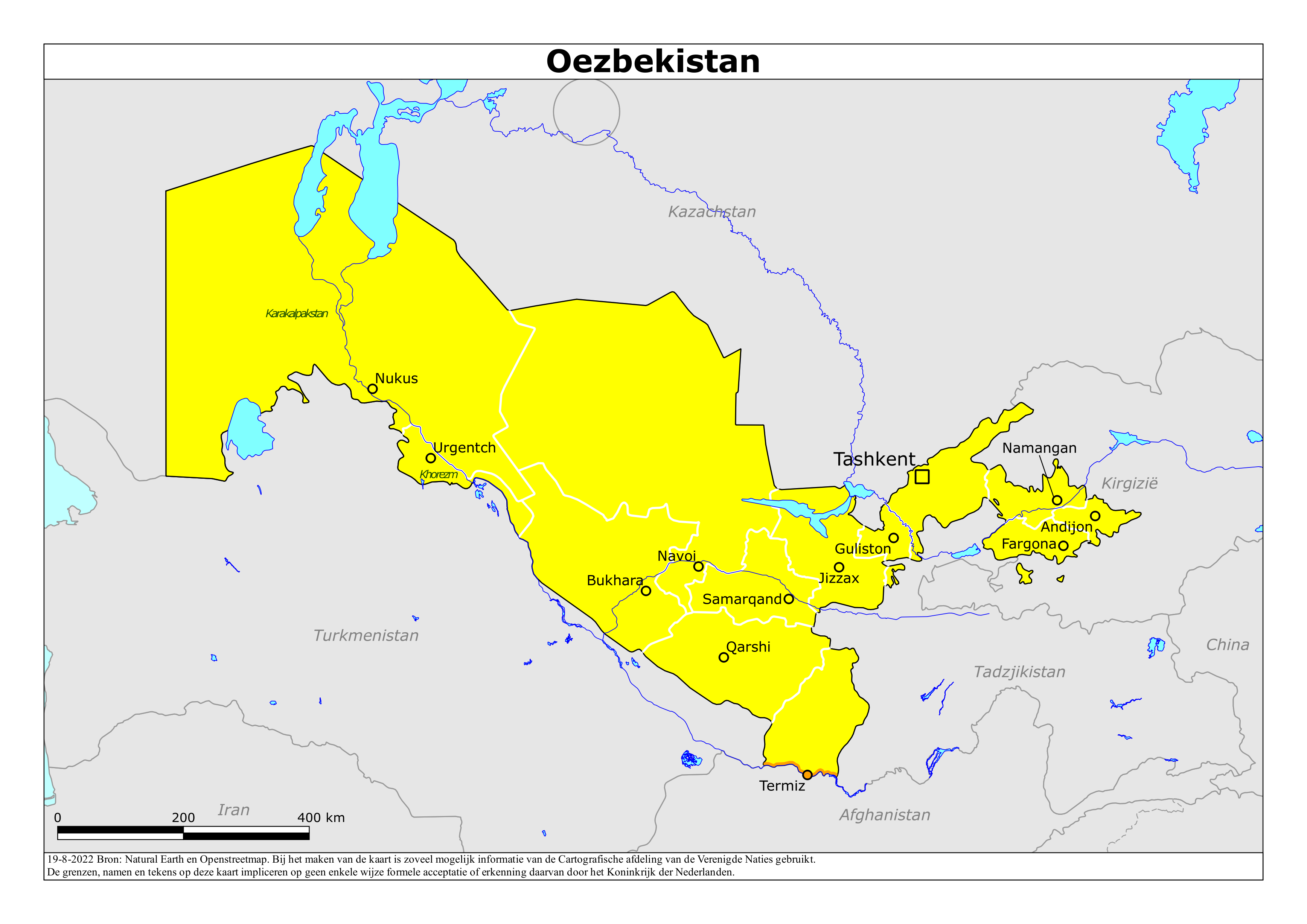 Kaart van het reisadvies voor Oezbekistan met kleurcodes per gebied
