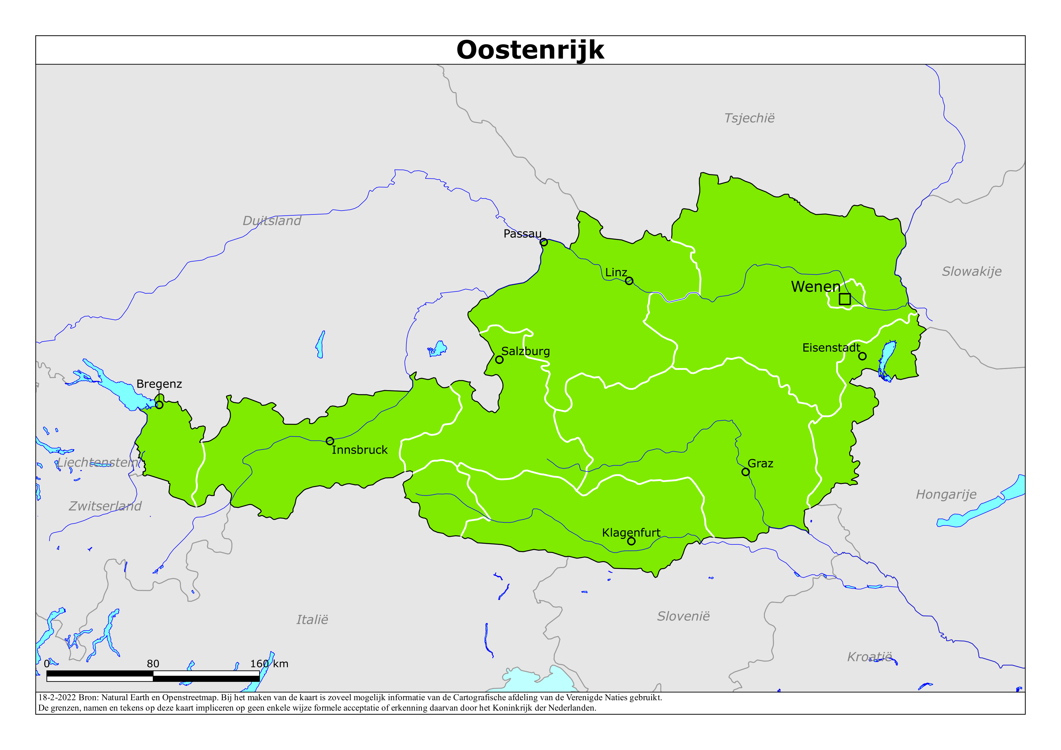 Kaart van het reisadvies voor Oostenrijk met kleurcodes per gebied