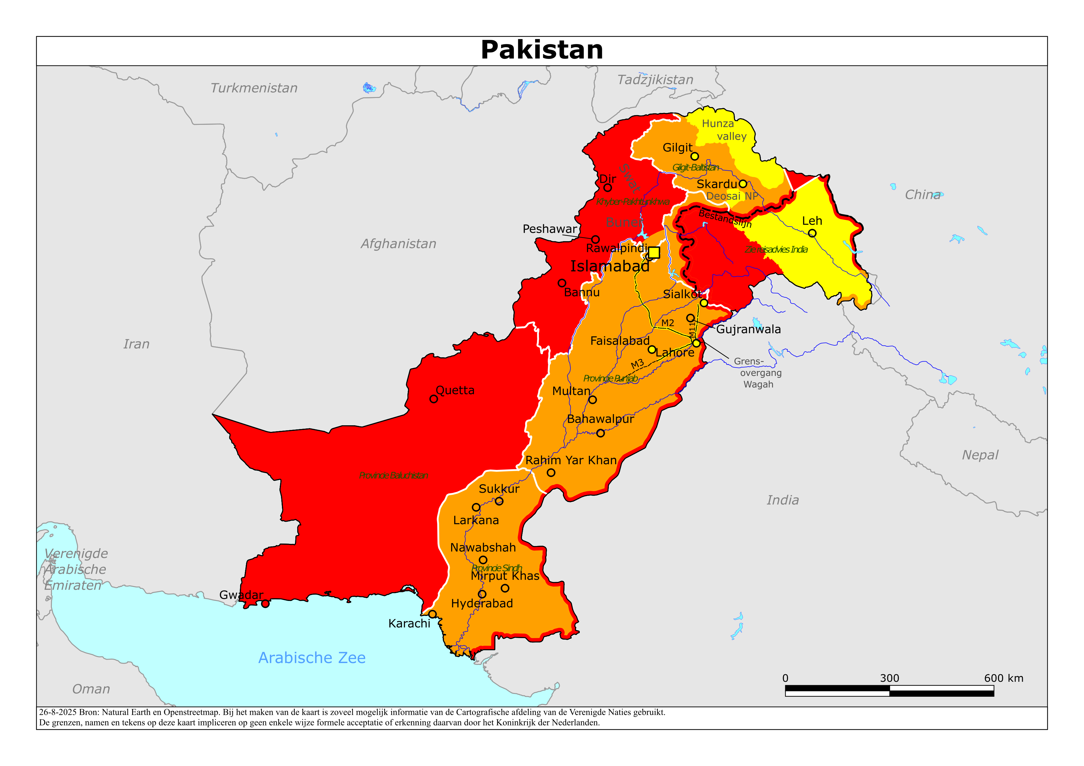 Kaart van het reisadvies voor Pakistan met kleurcodes per gebied