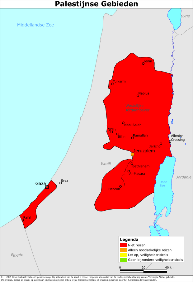 Kaart bij reisdadvies Palestijnse Gebieden