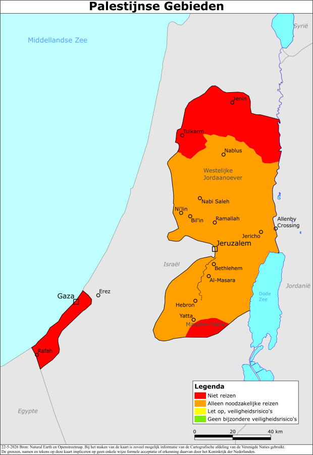 Kaart bij reisadvies Palestijnse Gebieden