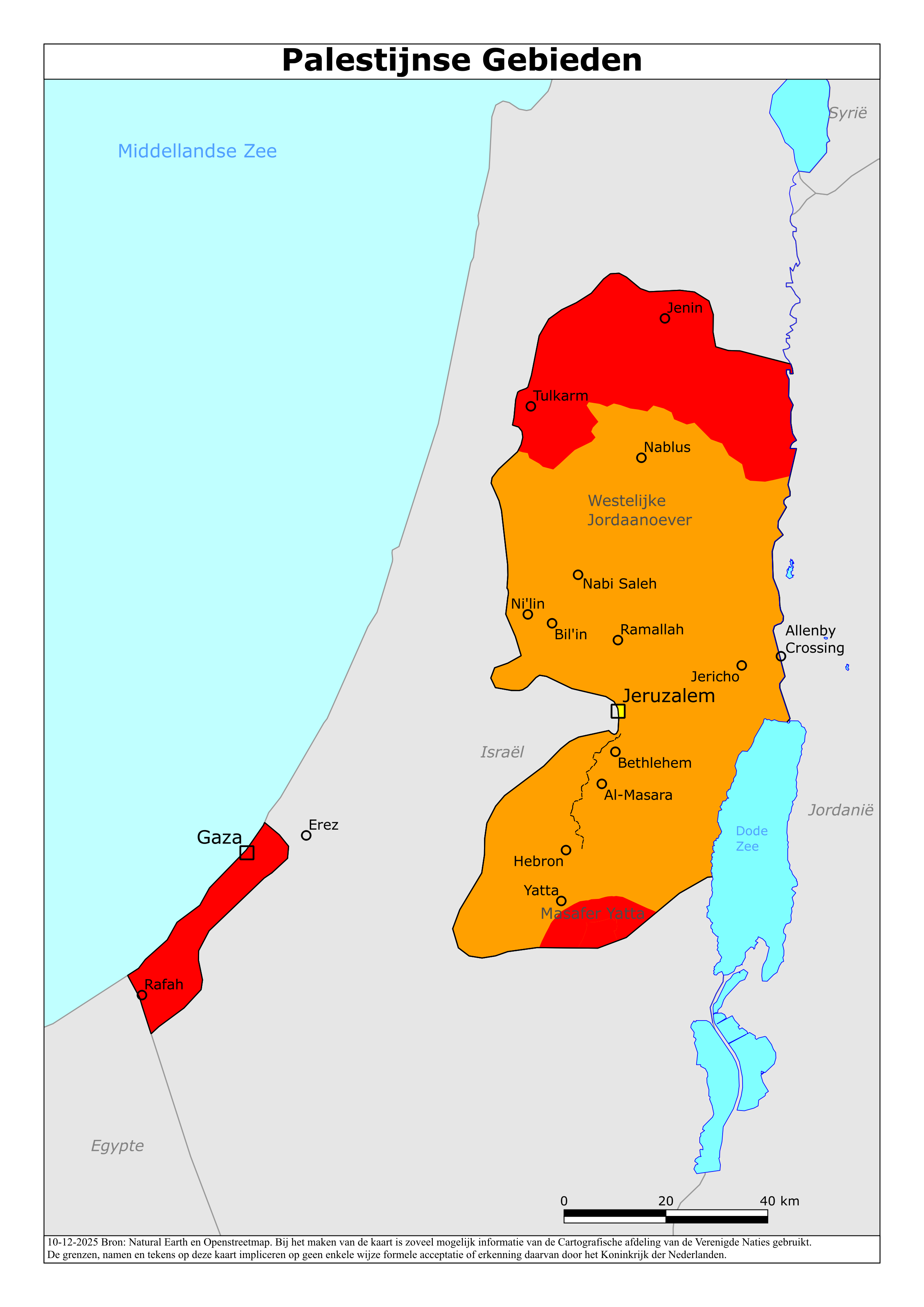 Reisadvies kaart van Palestijnse gebieden op 20 jan. 2026