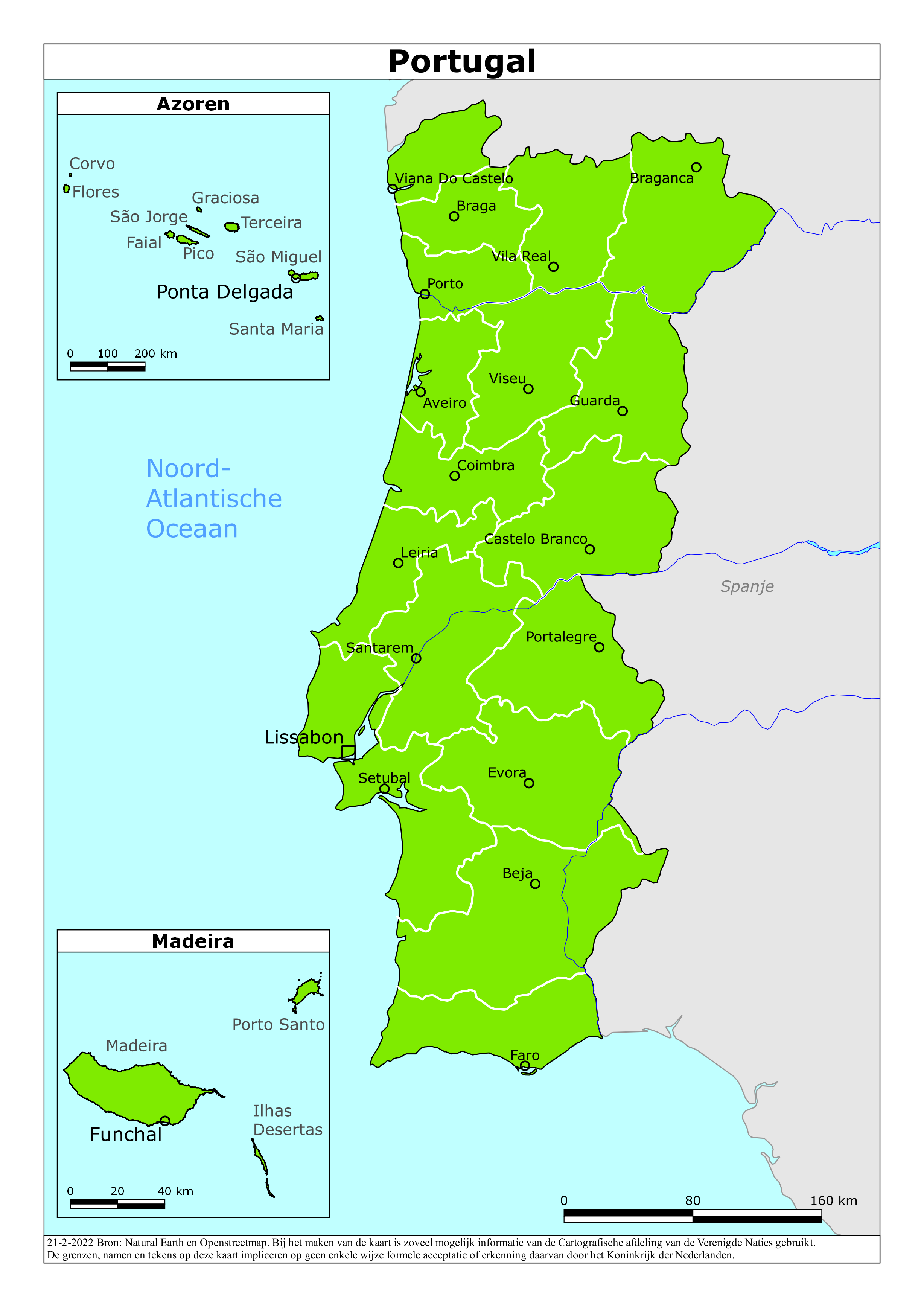Kaart van het reisadvies voor Portugal met kleurcodes per gebied
