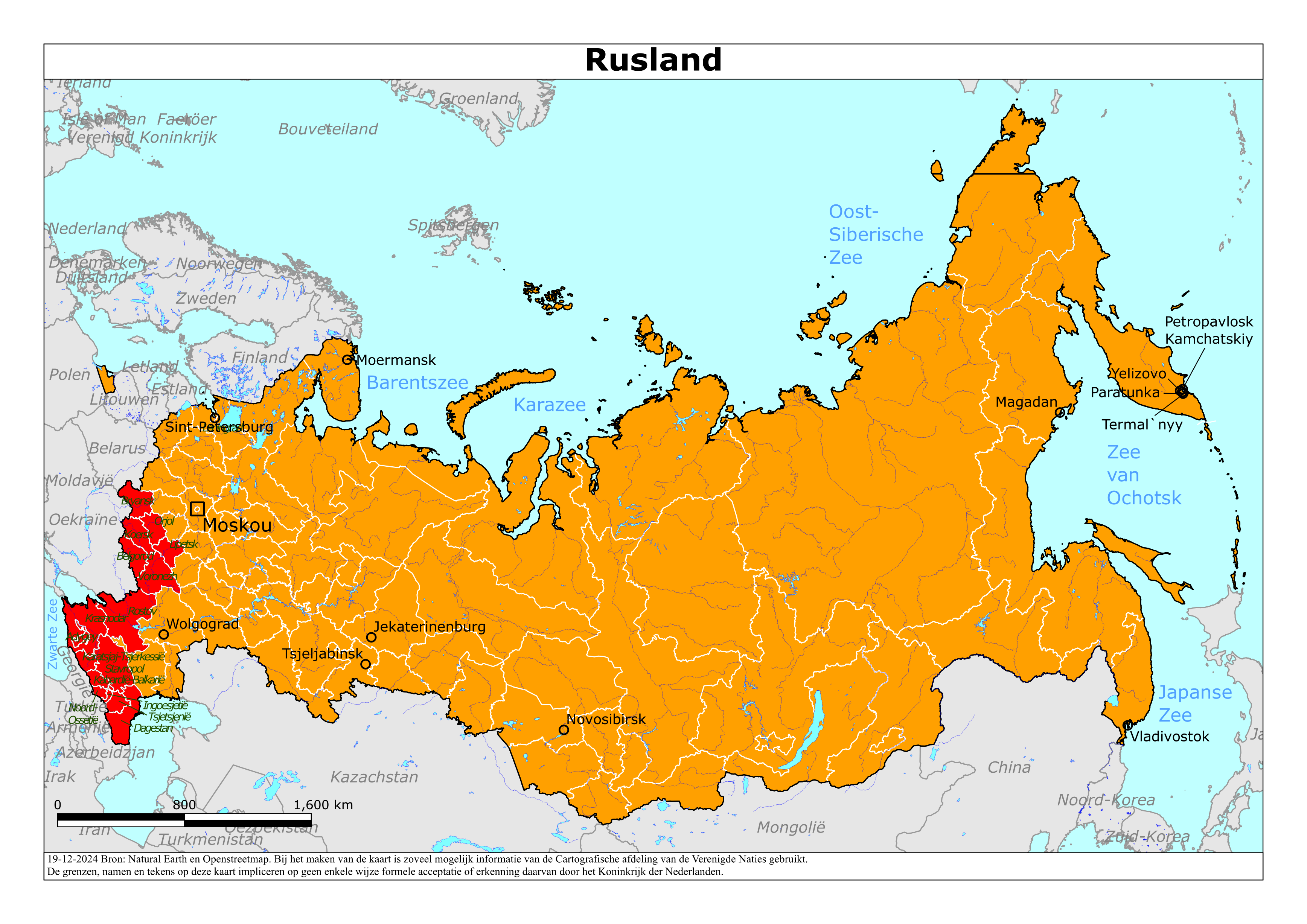 Kaart van het reisadvies voor Rusland met kleurcodes per gebied