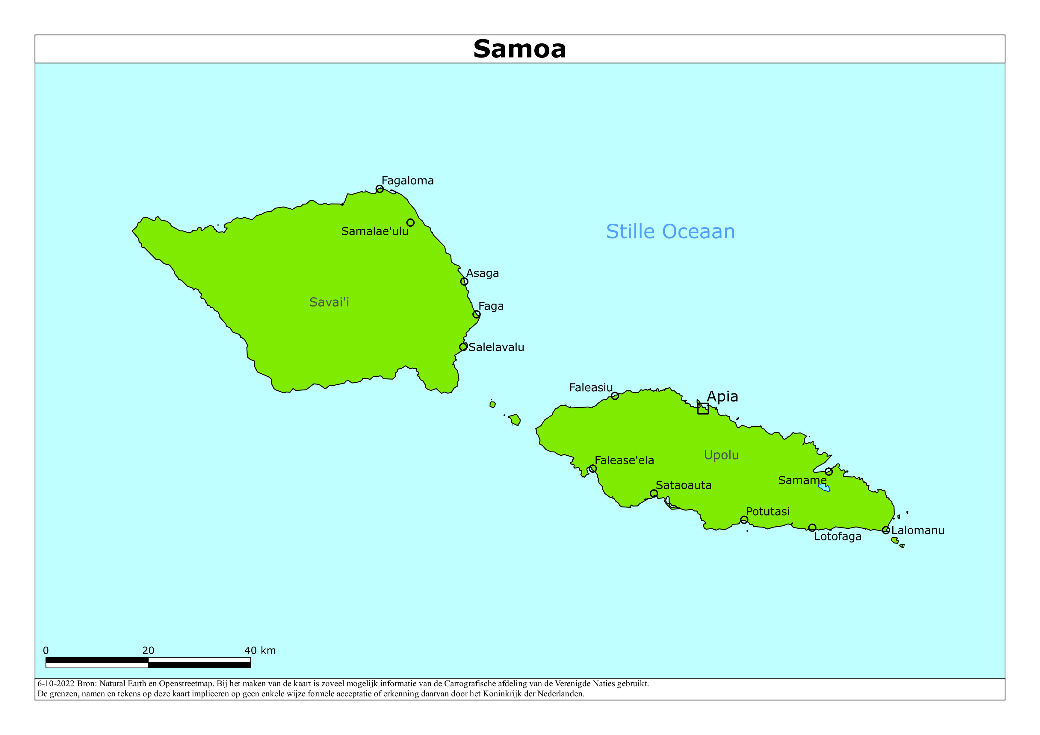 Kaart van het reisadvies voor Samoa met kleurcodes per gebied