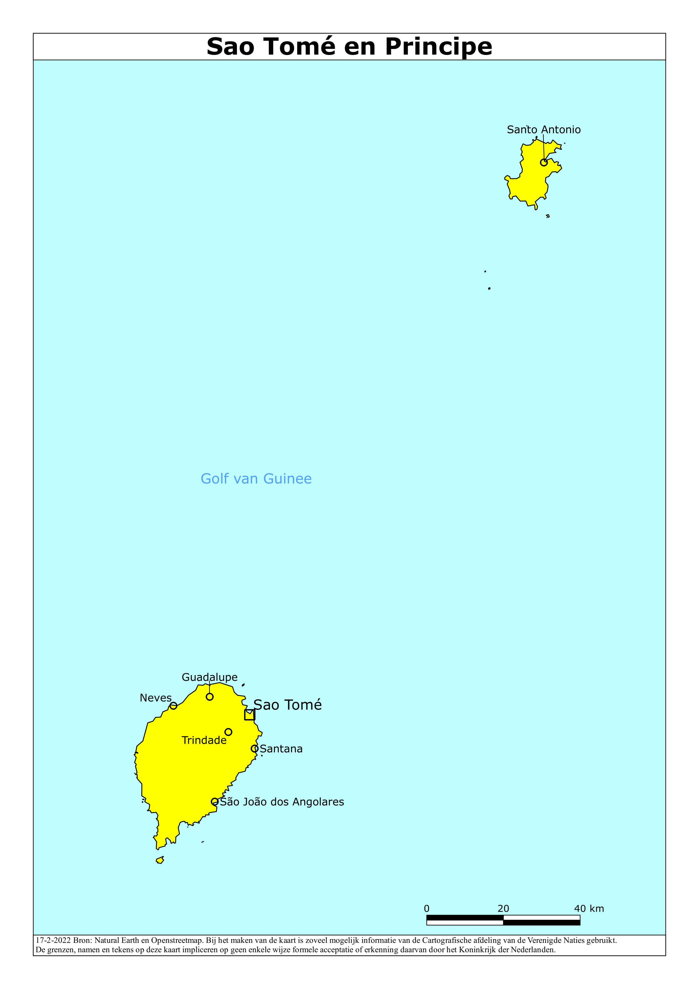 Kaart van het reisadvies voor Sao Tomé en Principe met kleurcodes per gebied