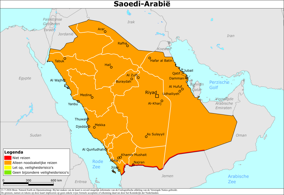 Kaart bij reisadvies Saoedi-Arabië