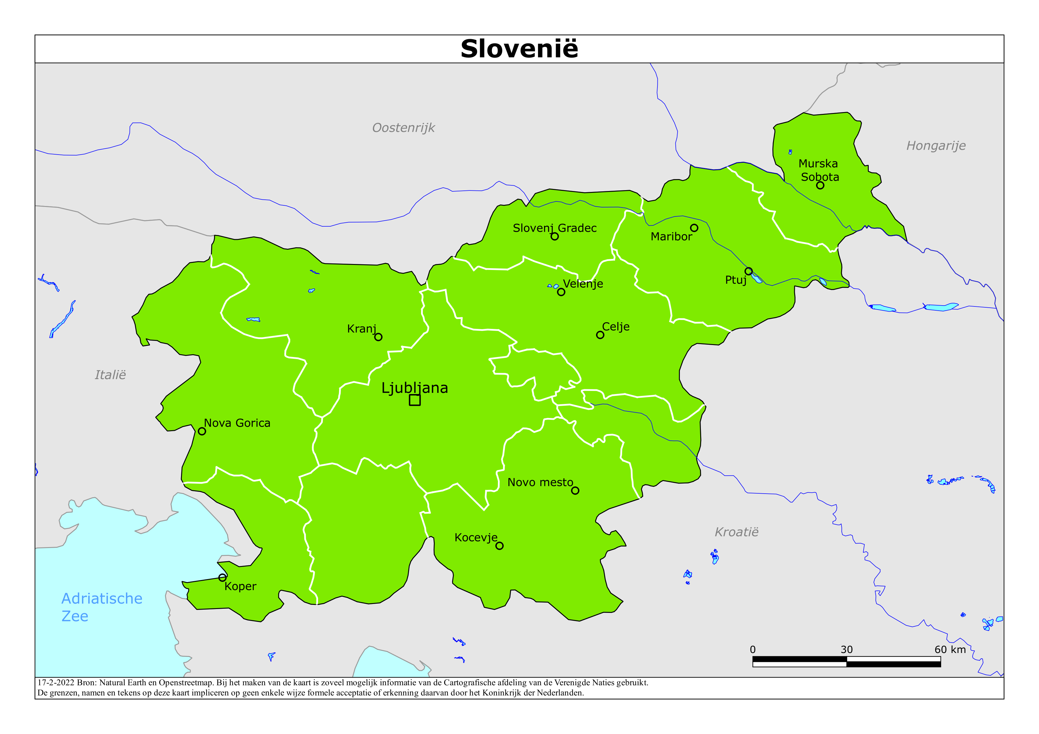 Kaart van het reisadvies voor Slovenië met kleurcodes per gebied