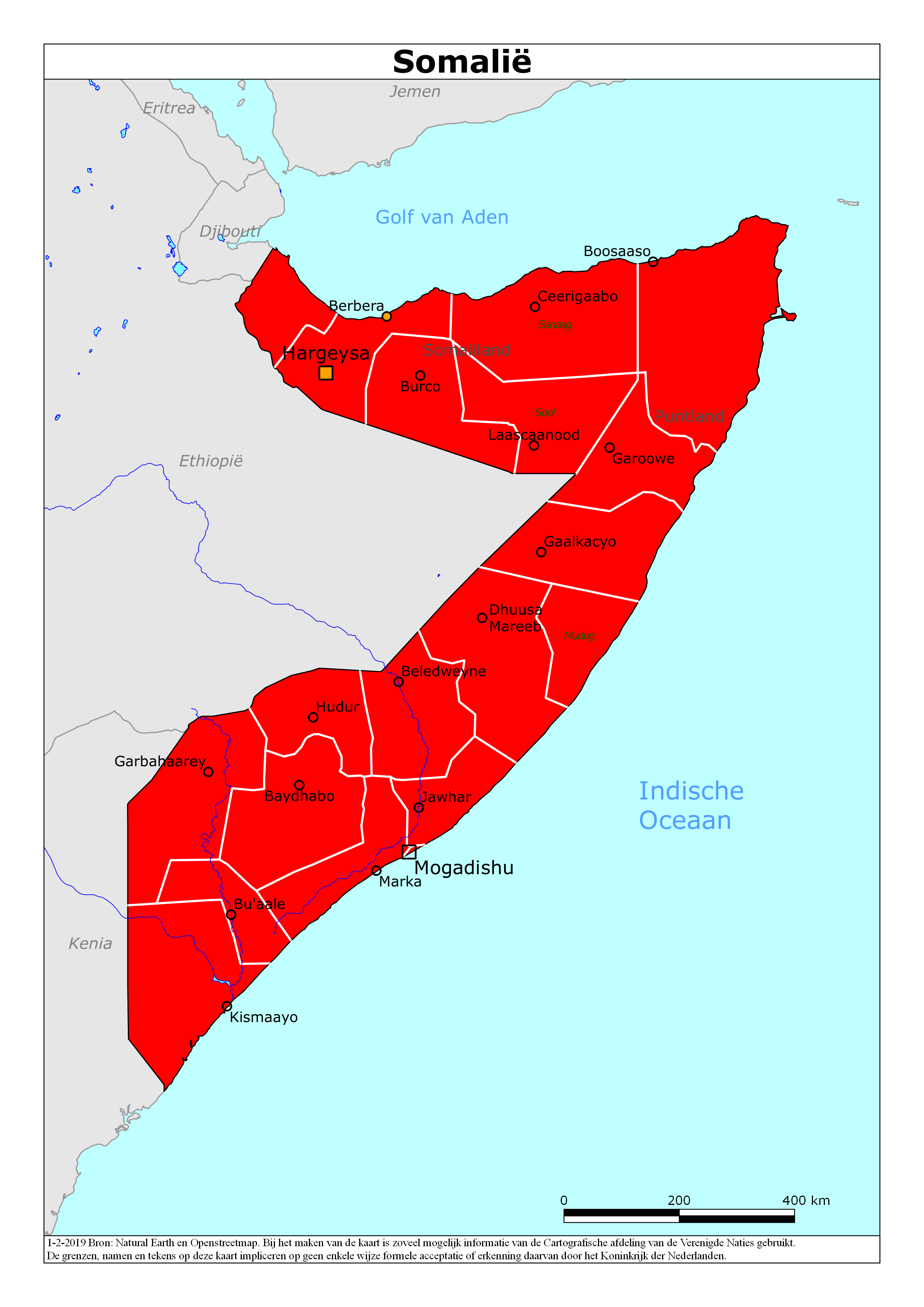 Kaart met risicogebieden van Somalië