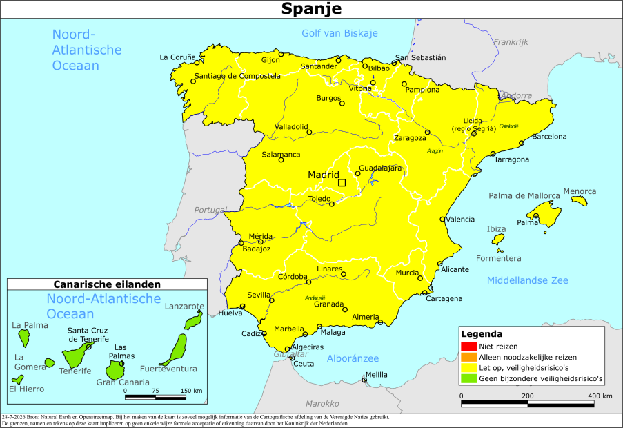 Kaart bij reisadvies Spanje