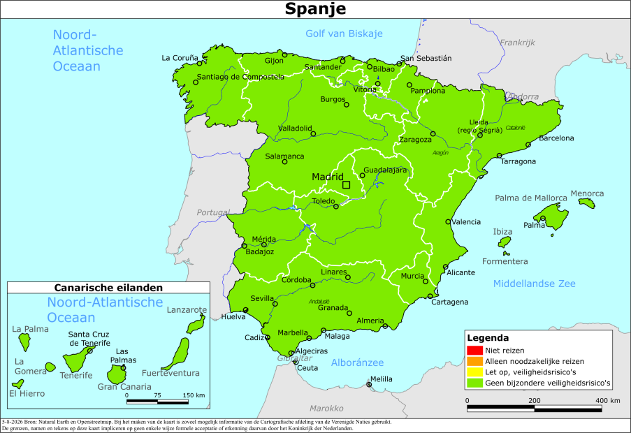 Kaart bij reisadvies Spanje
