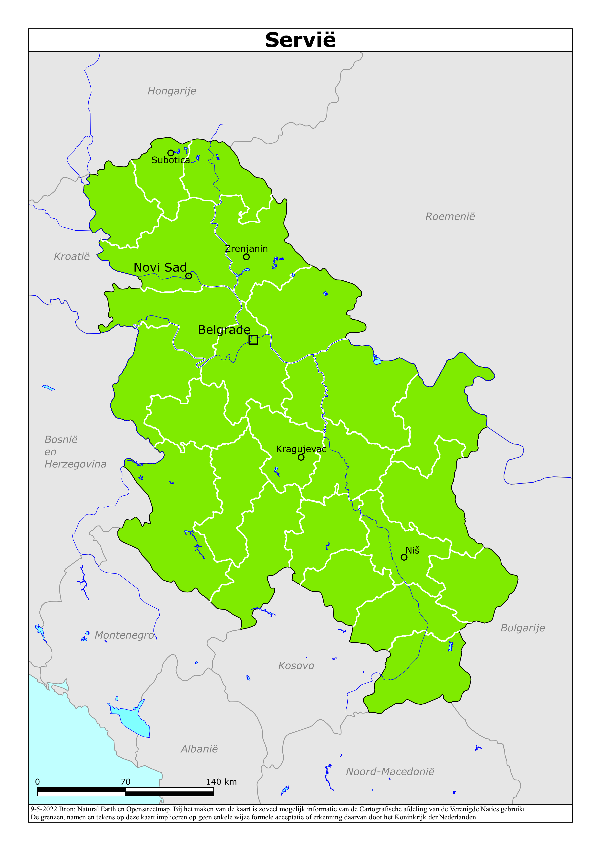 Kaart met risicogebieden van Servië