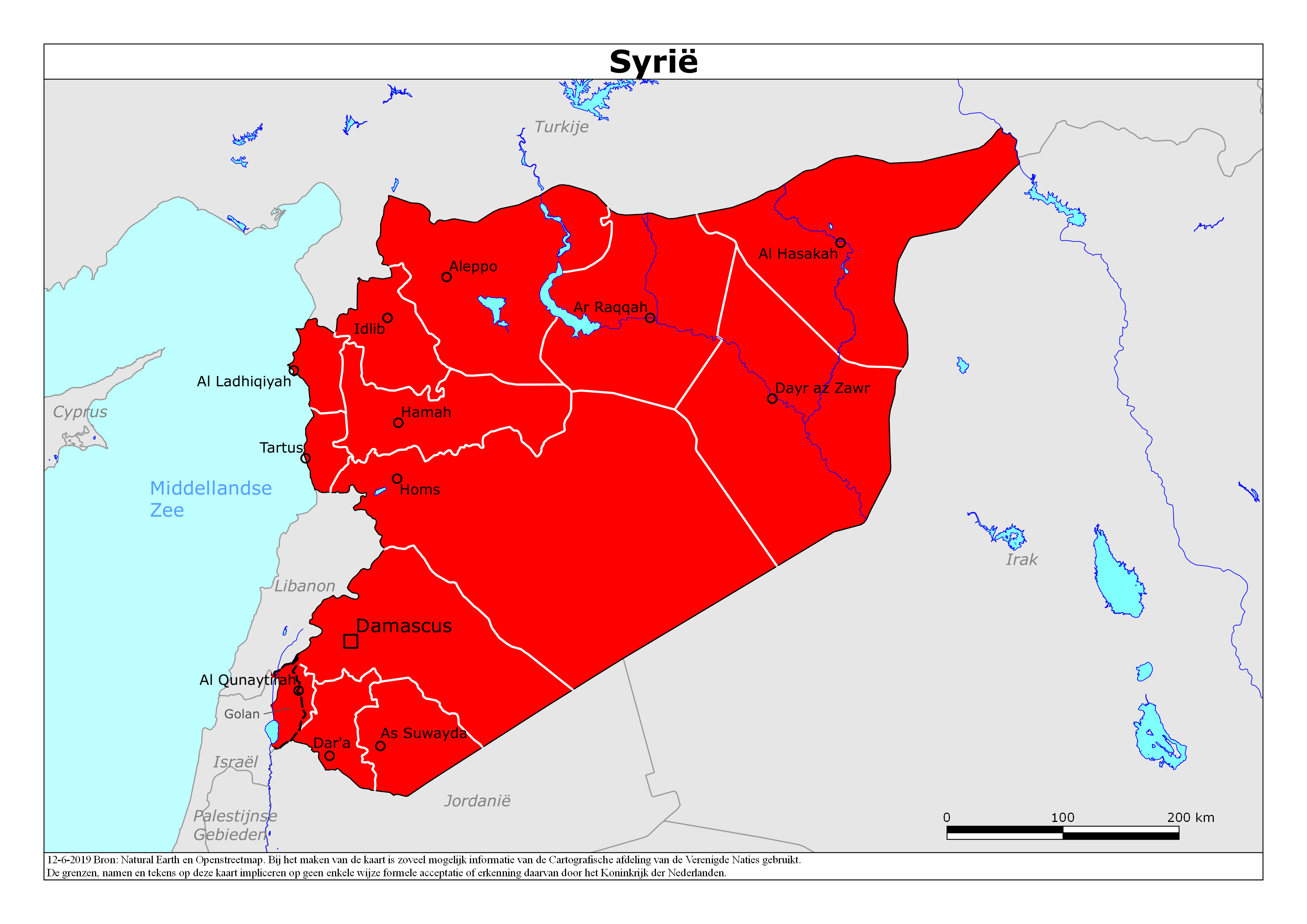 Kaart van het reisadvies voor Syrië met kleurcodes per gebied