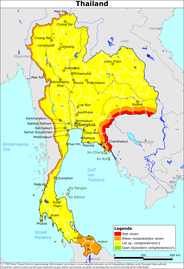 Kaart bij reisadvies Thailand