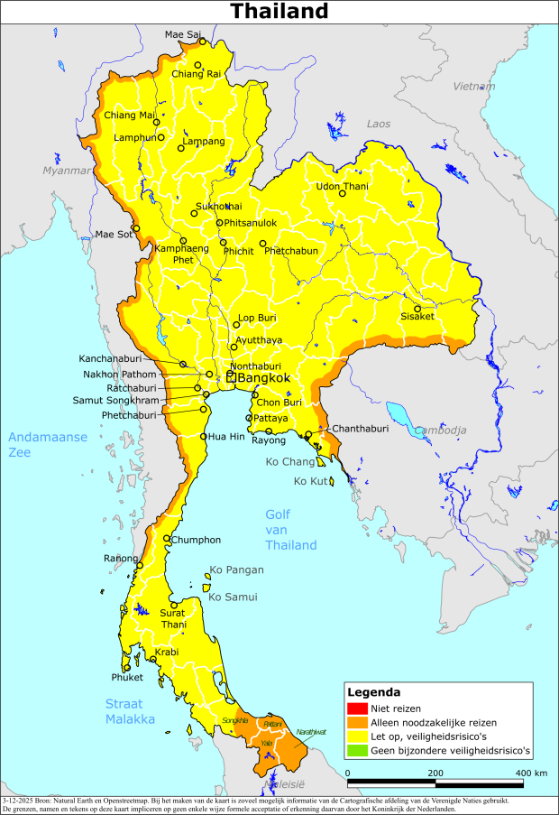 Kaart bij reisadvies Thailand