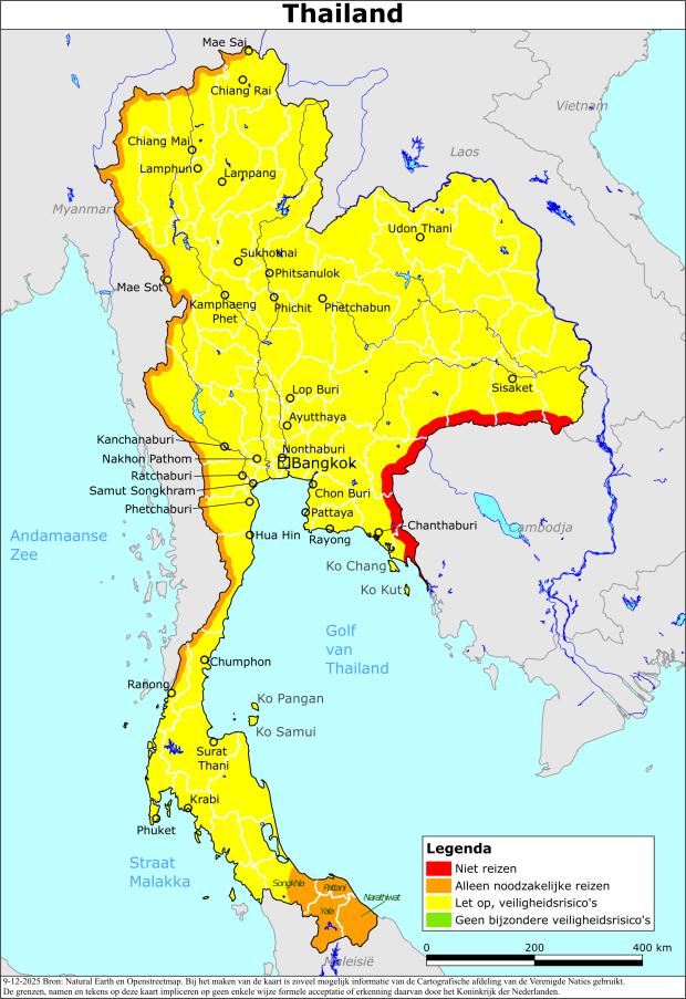 Kaart bij reisadvies Thailand