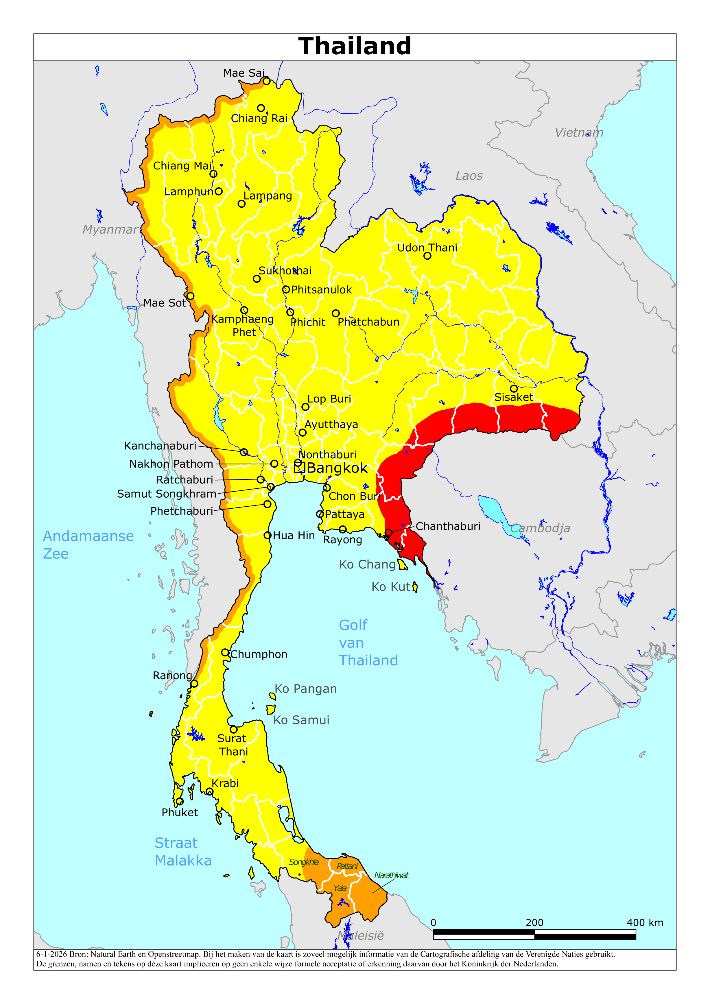 Reisadvies kaart van Thailand op 28 jan. 2026