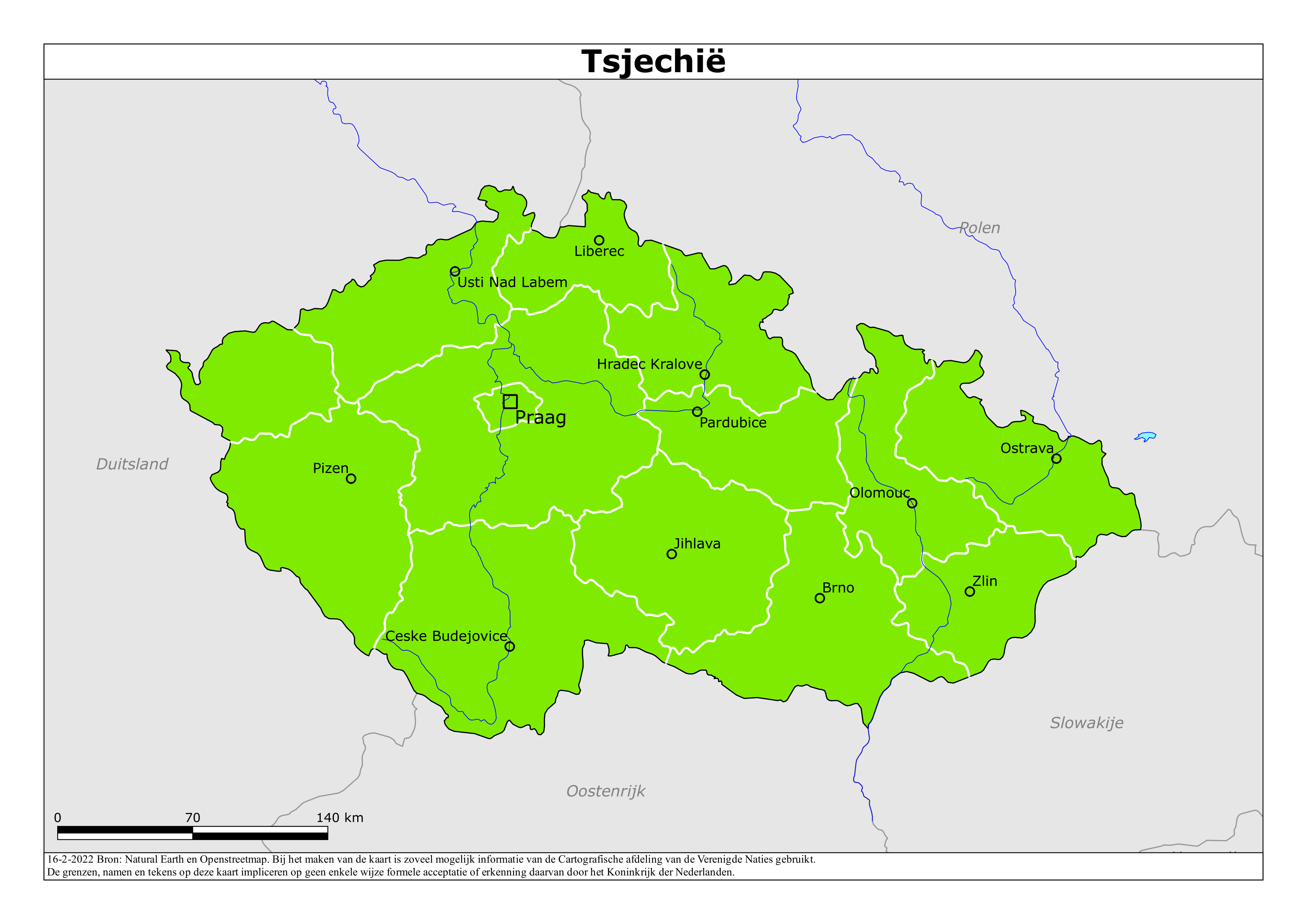 Kaart van het reisadvies voor Tsjechië met kleurcodes per gebied