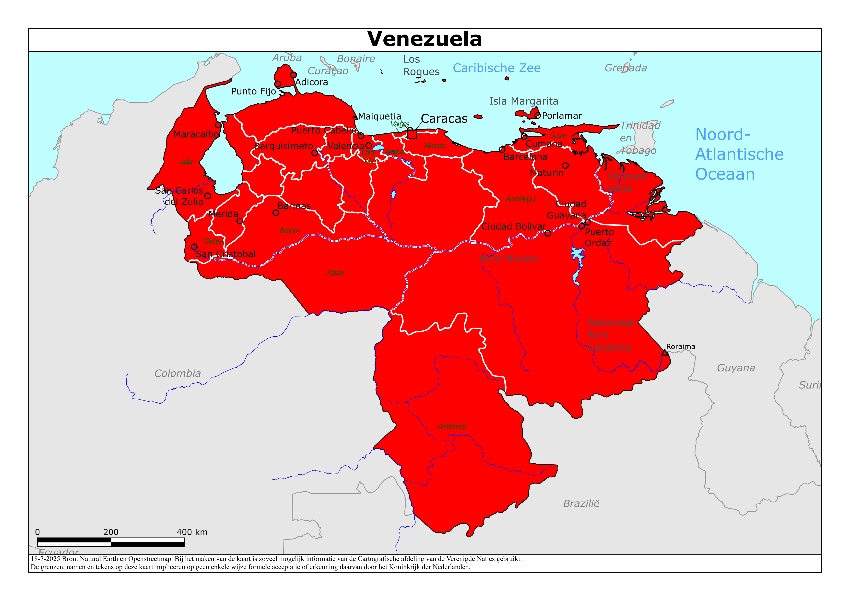 Reisadvies kaart van Venezuela op 19 jan. 2026