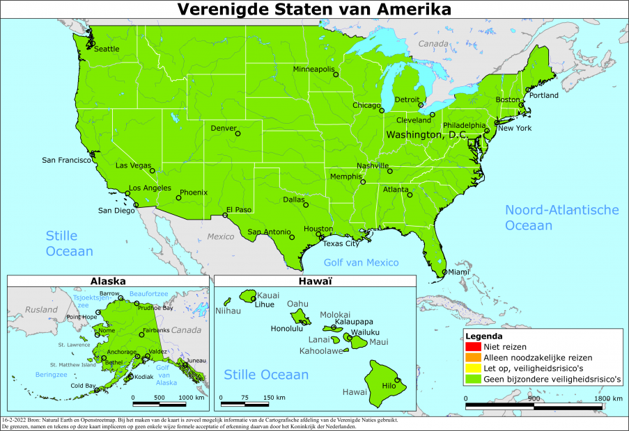 Kaart bij reisadvies Verenigde Staten van Amerika