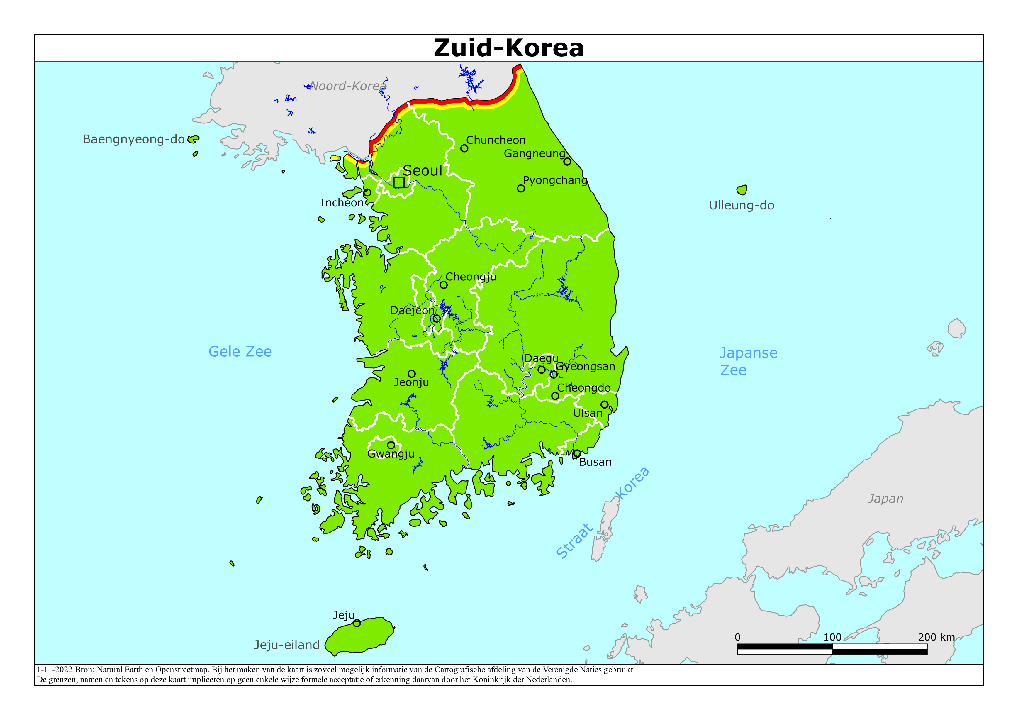 Reisadvies kaart van Zuid-Korea op 19 jan. 2026