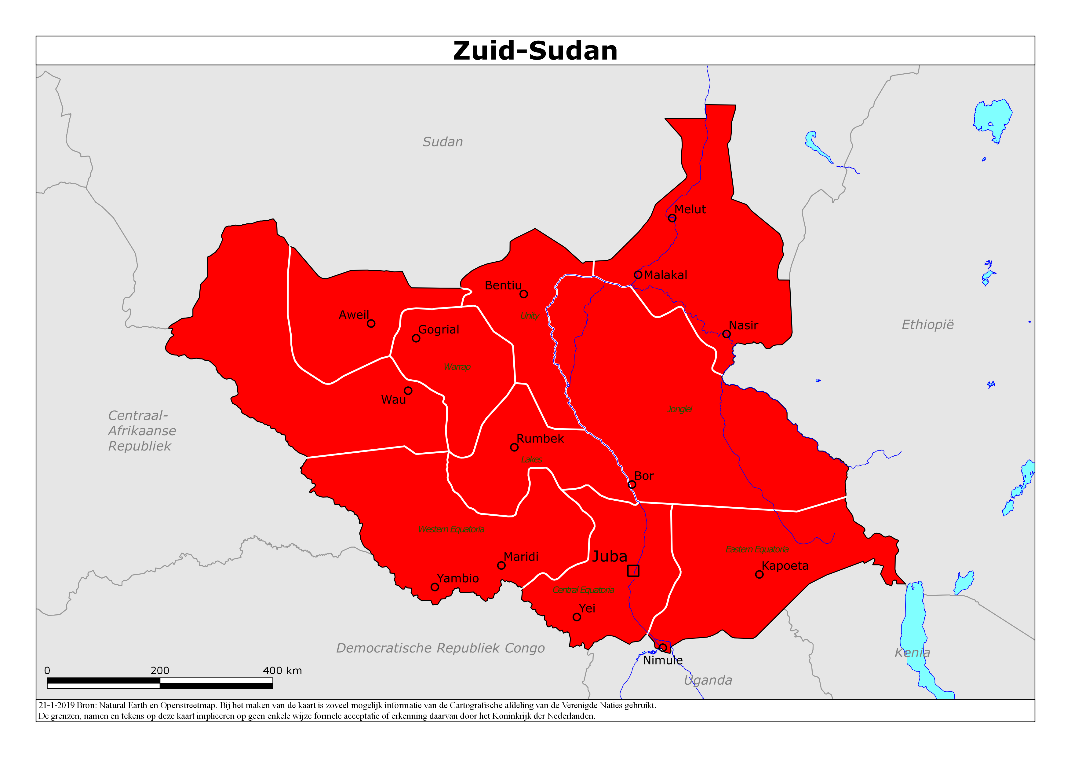 Kaart van het reisadvies voor Zuid-Soedan met kleurcodes per gebied