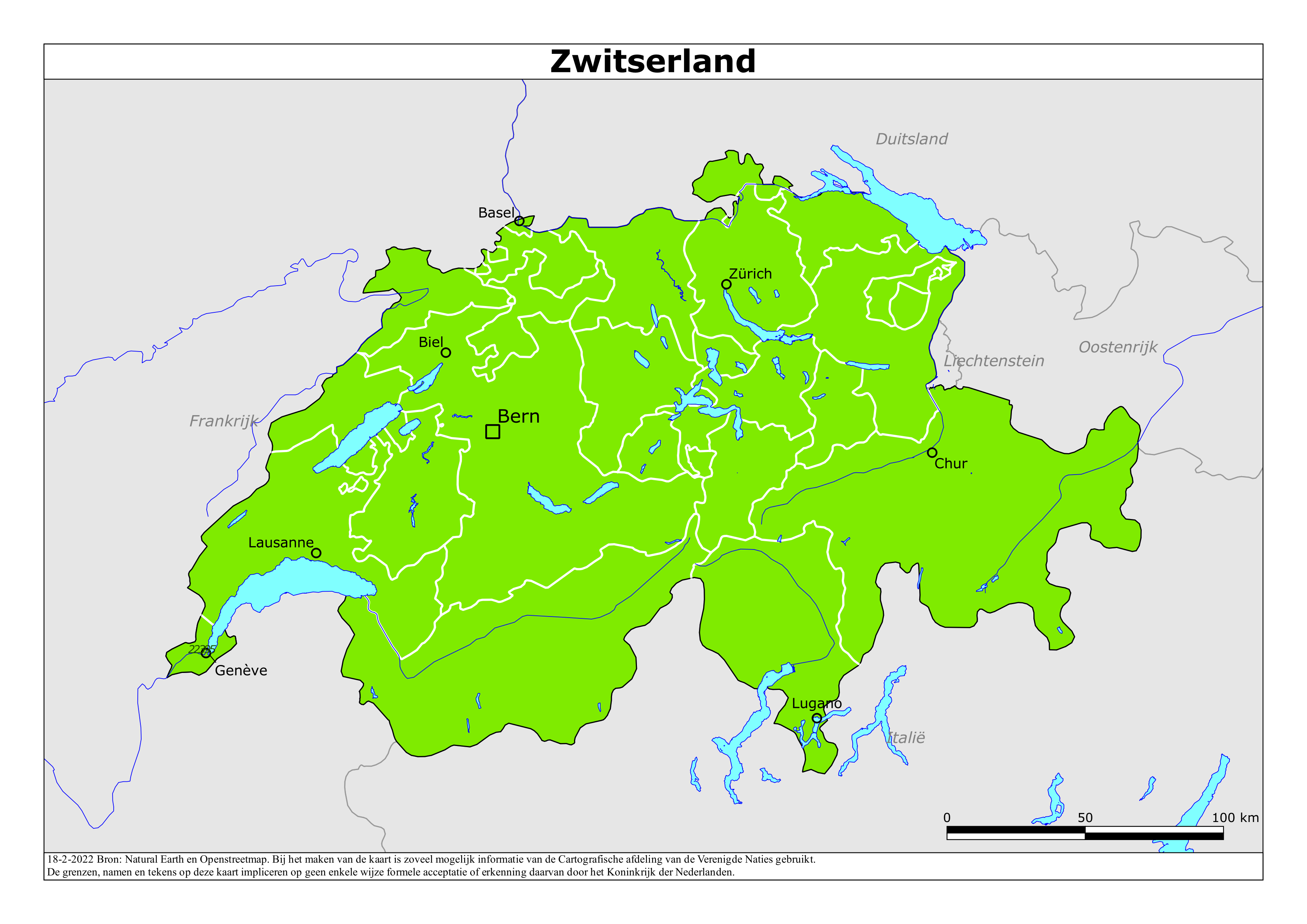 Kaart van het reisadvies voor Zwitserland met kleurcodes per gebied